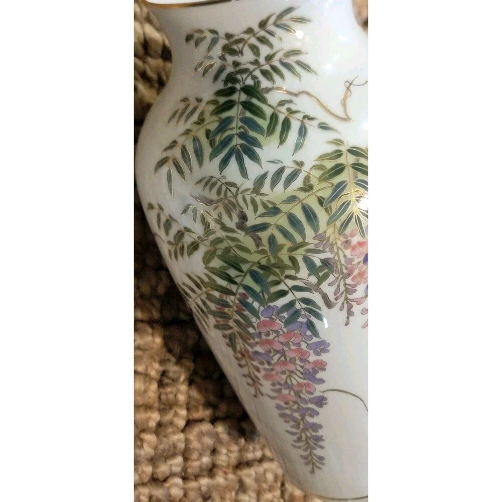 Vintage Shibata Japan Fine Porcelain Vase Flowering Wisteria Vine w Songbird 12